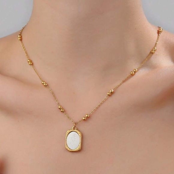 18K Gold PVD Coating Mirror Effect Rose Pendant Beaded Dainty Chain Necklace - Picture 4 of 13